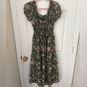 Floral Green and Pink Midi Dress